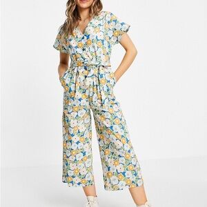 MONKI Rocco Jumpsuit Tie Waist Blue Orange & Pink Retro Floral Print